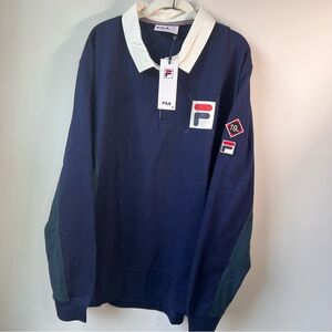 NWT FILA Men's Filmore Rugby Shirt Navy Blue White XXL Long Sleeve Polo Retro